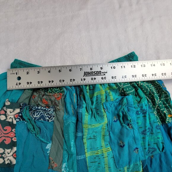 Women's Boho Patchwork Cropped Harem Pants Elastic Waist Rayon Turquoise Green - Picture 5 of 9